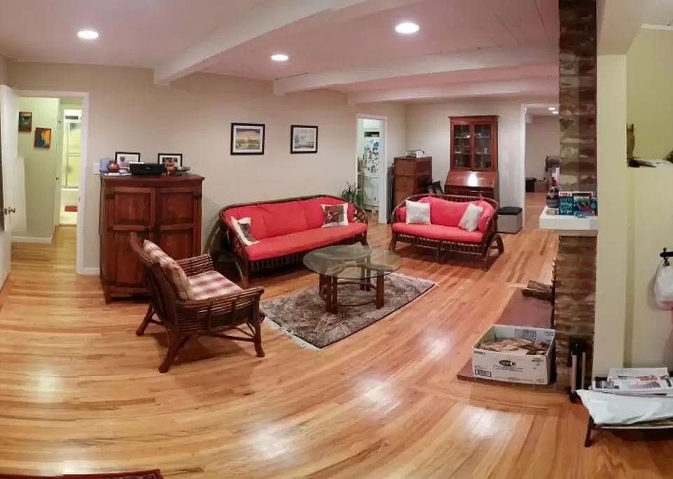 Living room with working wood fireplace