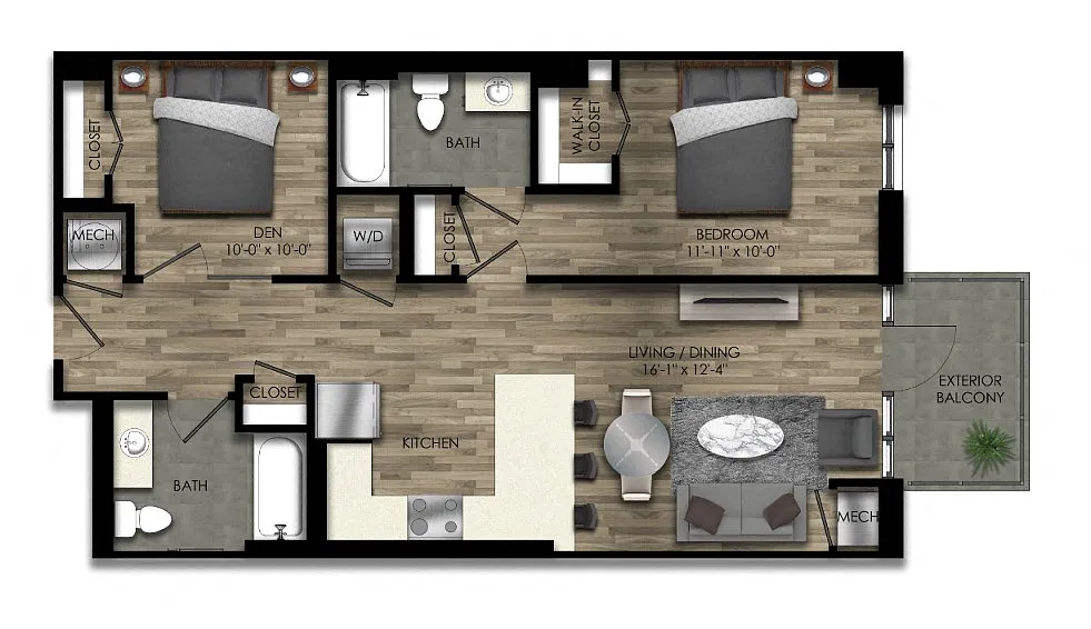 Floor plan 1 Bed/2 Bath Den-23W