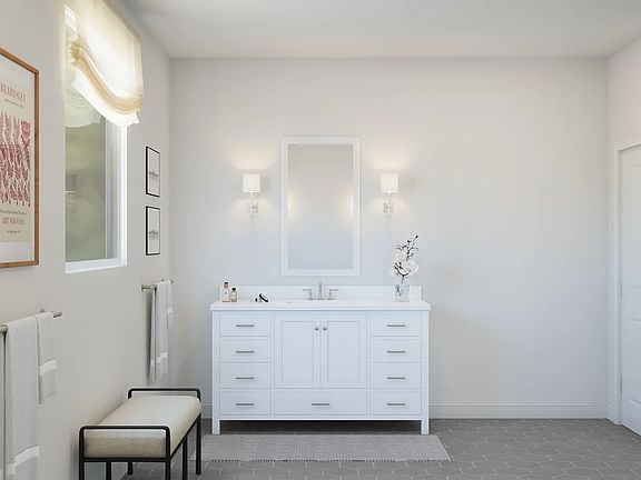 Primary bath with freestanding vanities