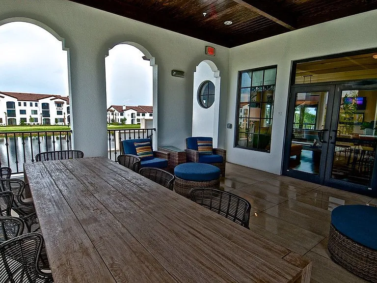 Outside Clubhouse Dining with a Lake View