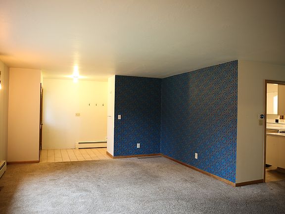 Front door, entryway, living room, doorway to kitchen.