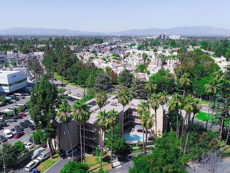 Aerial drone image of Chandler Circle Apartments and the Sherman Oaks neighborhood surrounding.