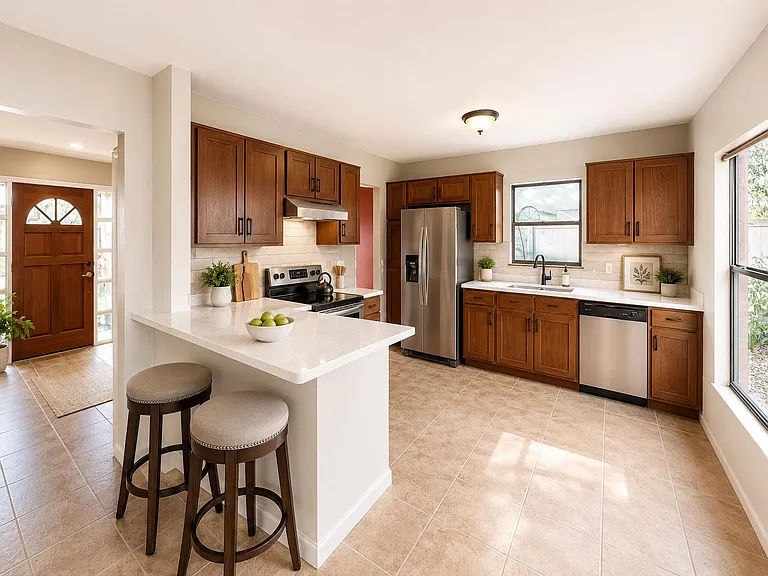 Spacious kitchen with breakfast bar seating, ample wood cabinetry, and stainless steel appliances plus a windowed sink.