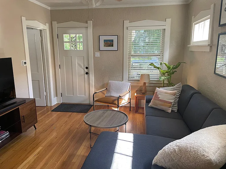 The living room with furniture ideas, looking towards the front of the house