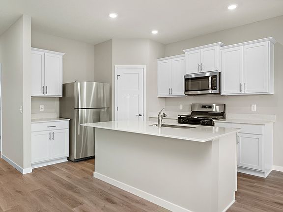 The kitchen has stainless steel appliances and plank flooring