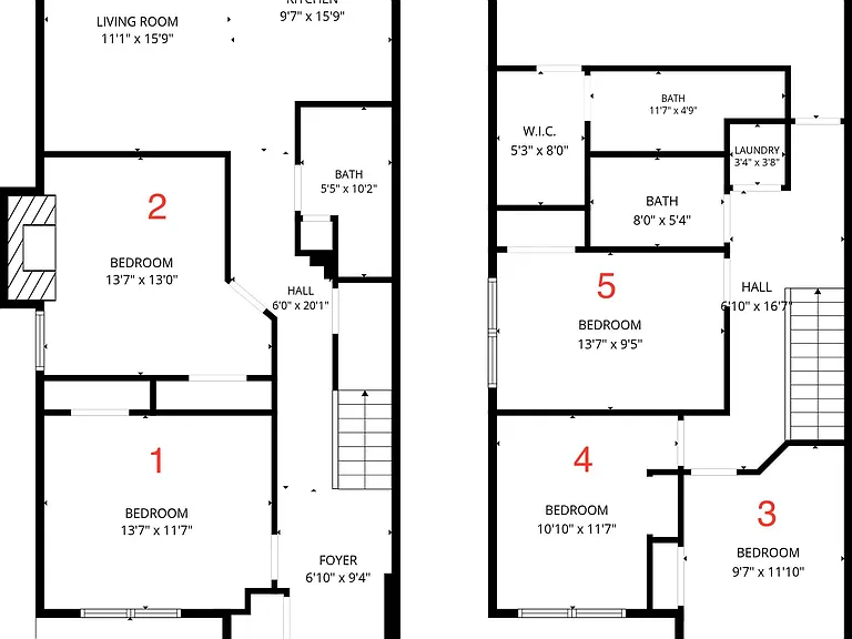 Two-level layout with multiple bedrooms, shared baths, living room, kitchen, plus porch and deck for outdoor space.