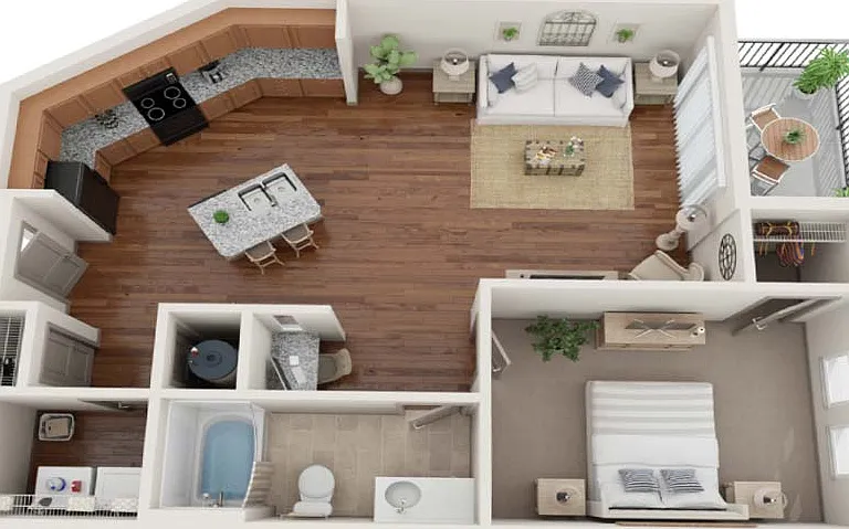 The New Orleans offers a well-thought-out 1-bedroom, 1-bath layout with modern kitchen features, a walk-in closet, and a private patio. Ideal for those looking for a blend of sophistication and comfort in a functional space. The New Orleans offers a well-