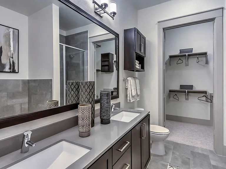 Dual vanities in select bathrooms.