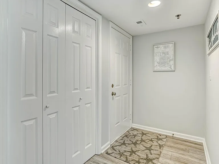 Condo foyer with storage closet.