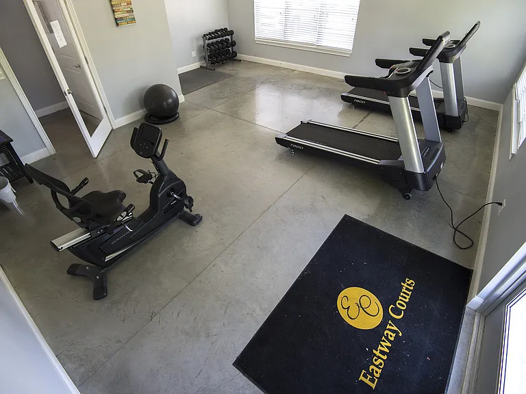 Bright and modern fitness room featuring treadmills, exercise bike, and free weights at Grace Lane Apartments.