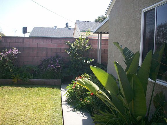Backyard featuring flower bed, showing window in garage