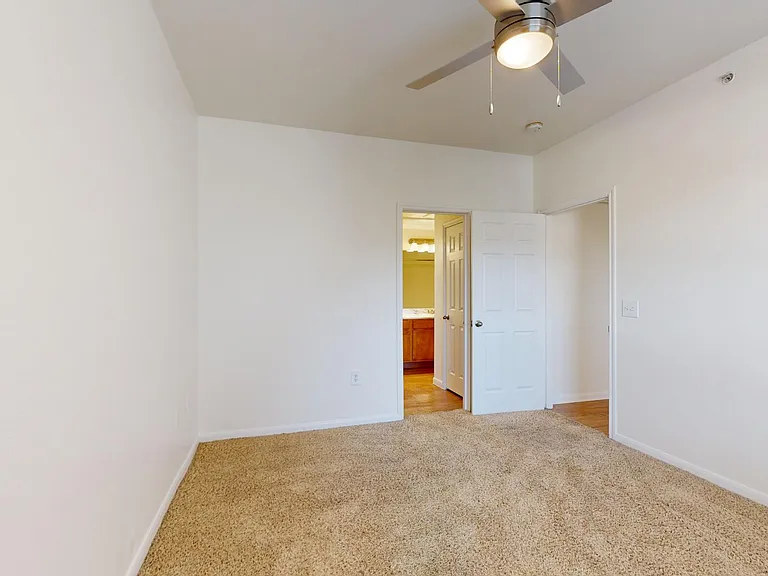 Spacious apartment bedroom with large closet, attached bathroom, and plush carpet flooring.
