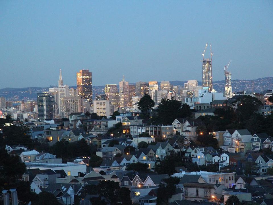 Twilight view of downtown from primary bedroom