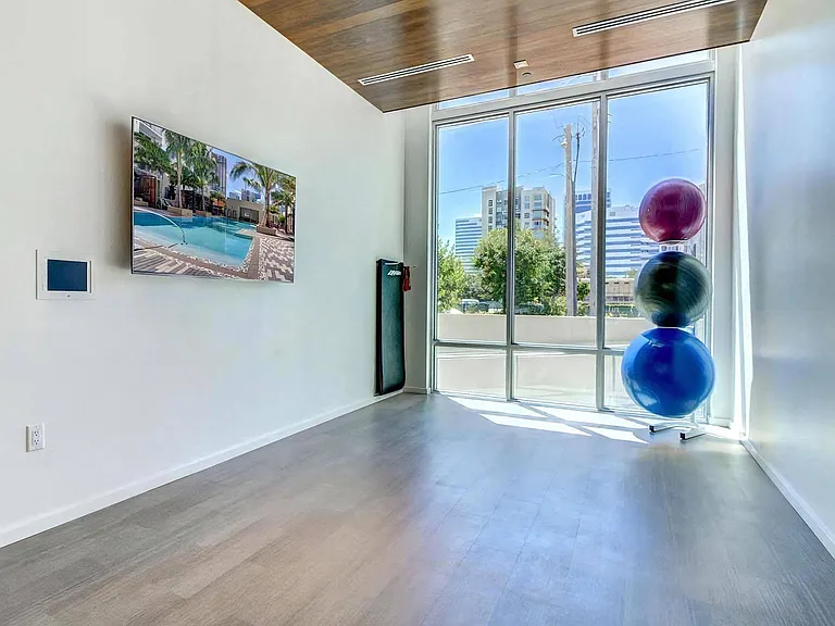Private Yoga Studio With Mounted TV, Floor Mat, and Large Windows Facing Outdoors