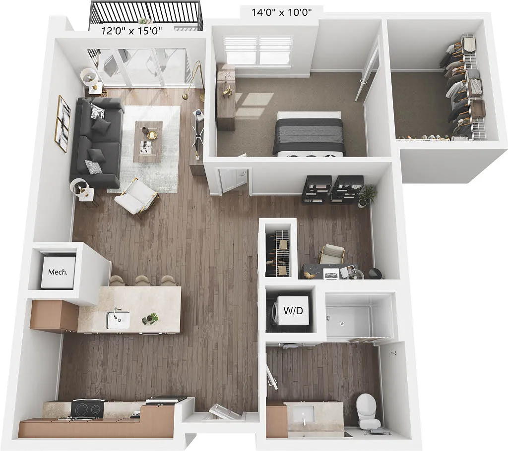 Floor plan 1 Bed 1 Bath plus Den - 1C