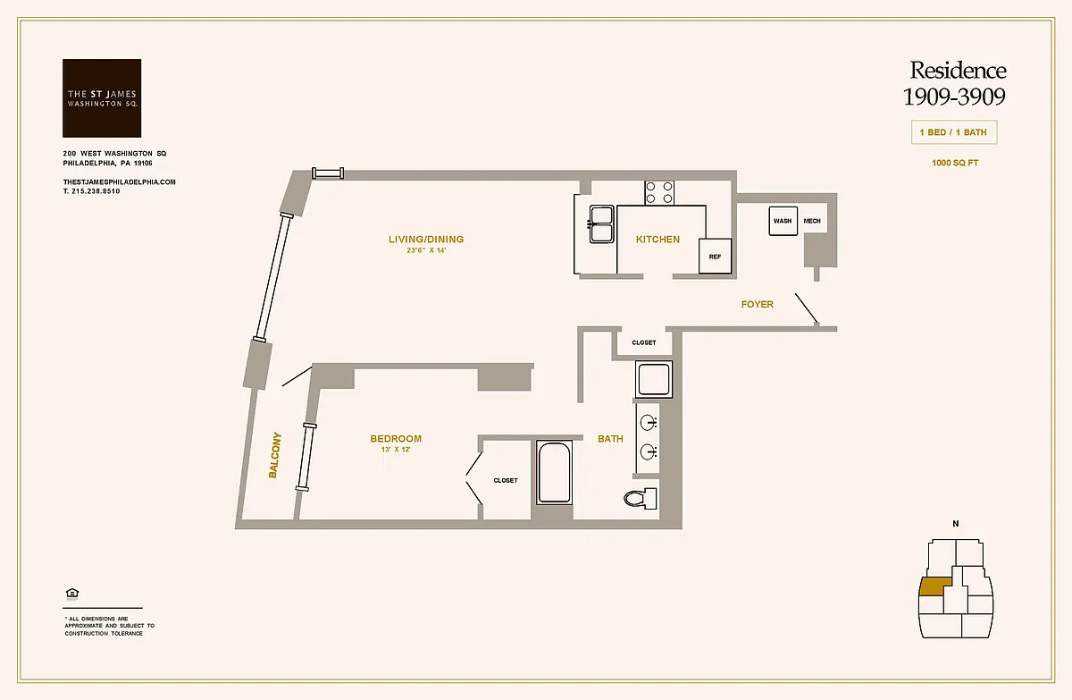 Floor plan 1 Bed 1 Bath A1D