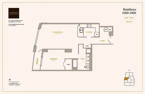 Floor plan 1 Bed 1 Bath A1D