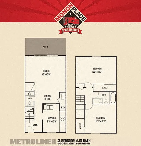 Floor plan Monon Place I - 2 Bedroom Townhome