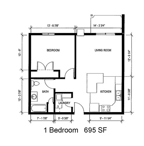 Floor plan 1 Bed 1 Bath | 695 sqft