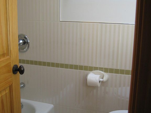 Better view of tile. Tub + toilet & little bit of floor stone tile.