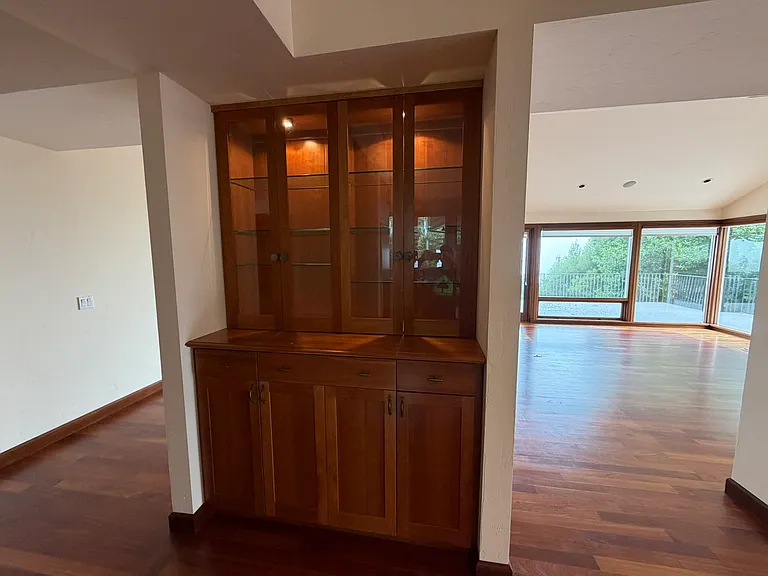 Kitchen display, walkthrough from kitchen to living area.