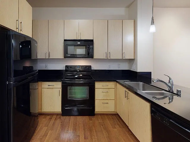 Sleek black appliances and granite countertops