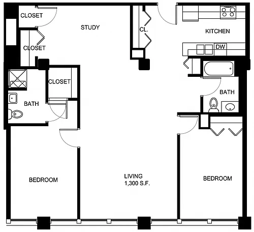 Floor plan 2 Bed/2 Bath Den-P BD1-3