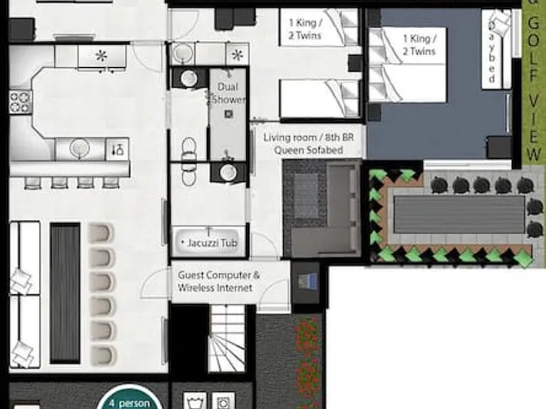 Floor plan downstairs where 3-4 bedrooms can bed set up.