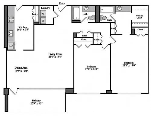Floor plan 2 Bedroom, 2 Bath 1310 SF 22e