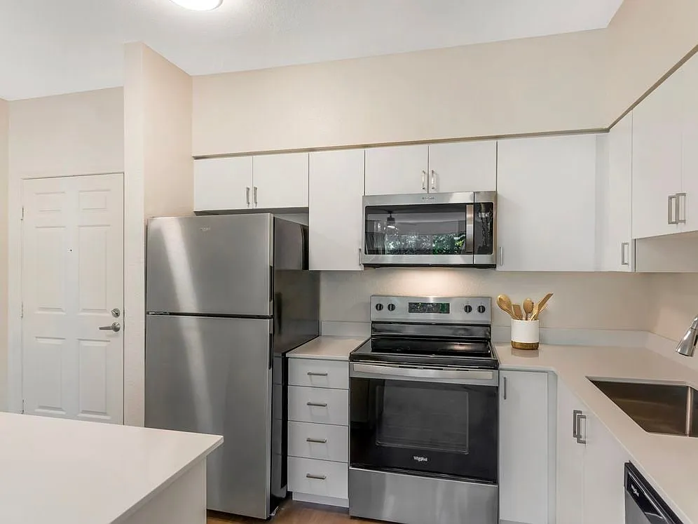 Renovated Package I kitchen with stainless steel appliances, white quartz countertops, white cabinetry, and hard surface flooring - Avalon ParcSquare