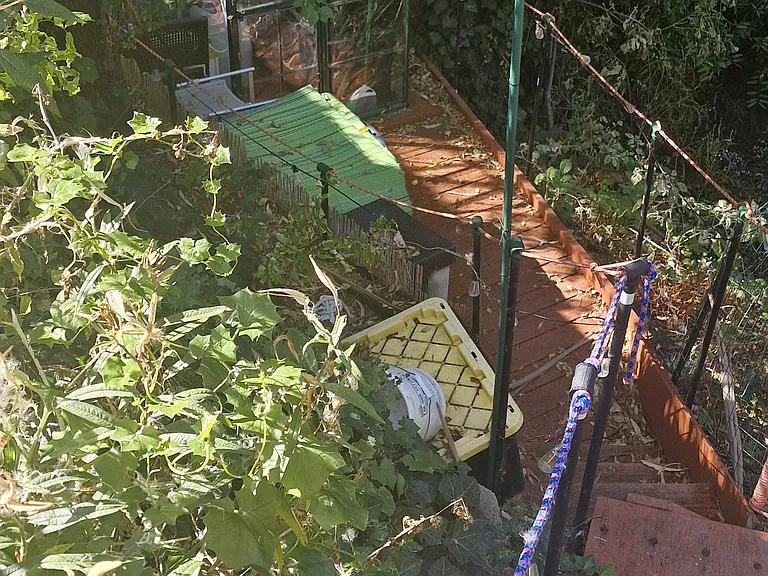stairs to hot tub, gazebo and stream