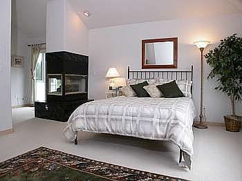 Upstairs Master w/3 sided fire place and door to outside.