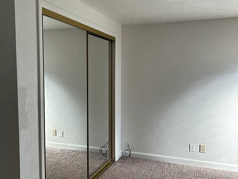 Master bedroom with mirror sliding doors large closet.