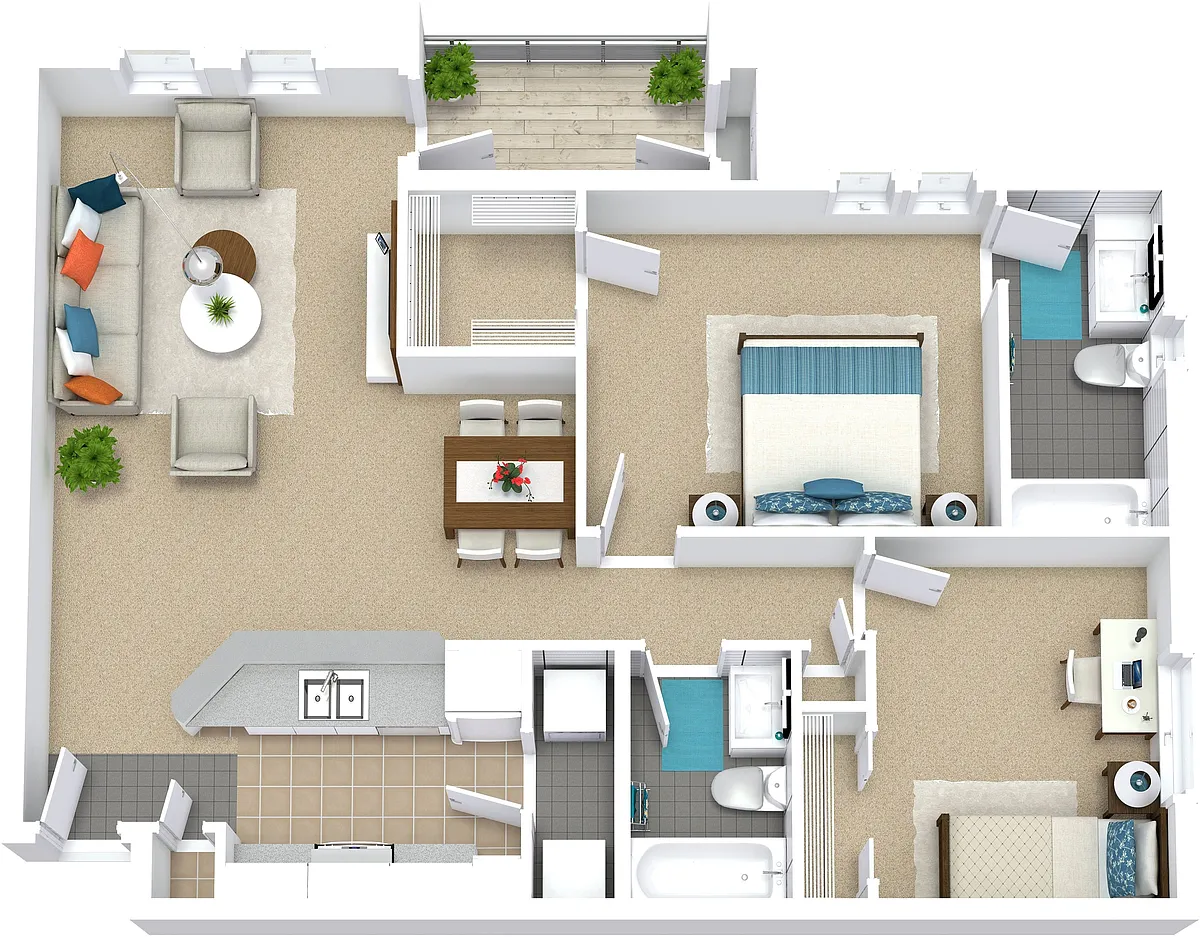 Floor plan 2x2 955sf Classic - B2