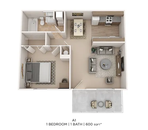 Floor plan One Bed One Bath 600 Sqft