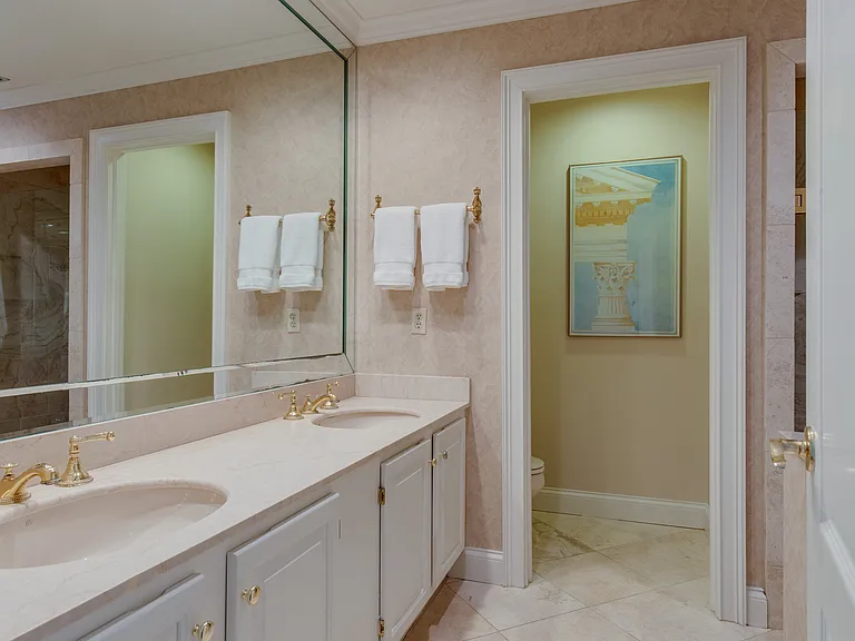 Master bathroom with marble vanity and double sink, separate lavatory