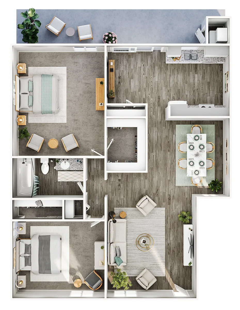 Floor plan 2 Bed, 1 Bath (966 Sq. Ft.)