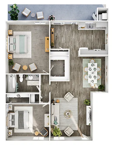 Floor plan 2 Bed, 1 Bath (966 Sq. Ft.)