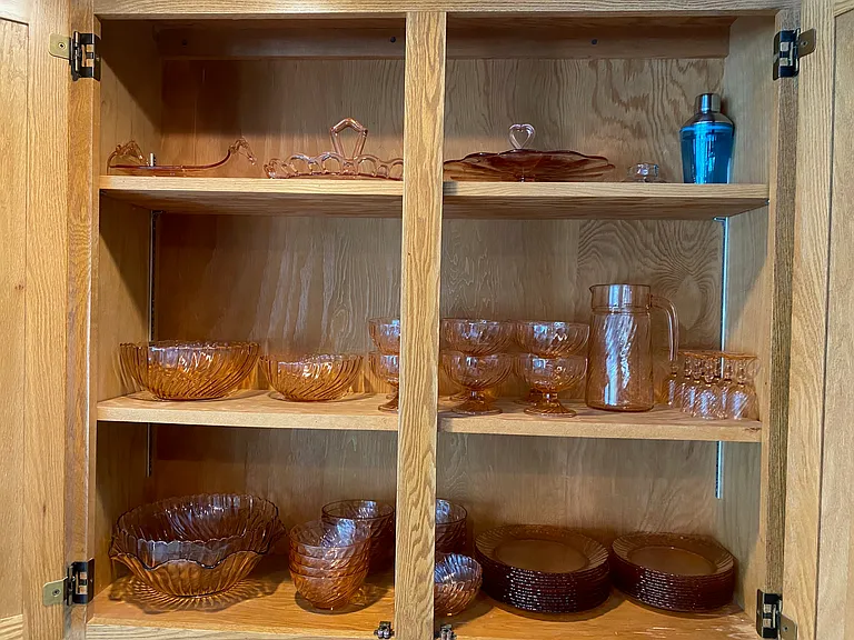 Kitchen offers a Matched service for 12 each of Vintage Rosaline Pink Glass 9" Luncheon & 7" Salad Plates, Cereal & Footed Ice Cream Sundae Bowls, Serving Bowls, Pitcher, Coffee/Tea Mugs, 80z. Tumblers, Wine Stemware, & footed Cordials + Much More!