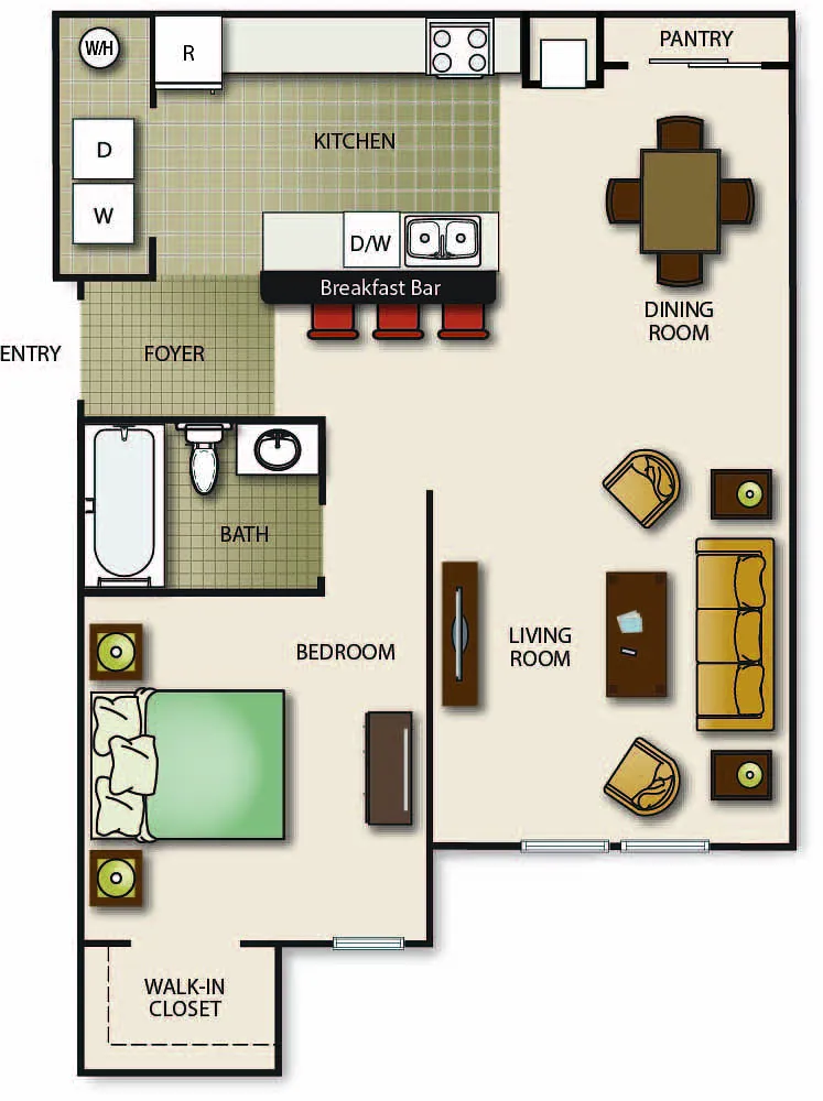 Floor plan One Bedroom One Bath - Pointe (b)