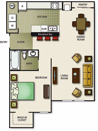 Floor plan One Bedroom One Bath - Pointe (b)