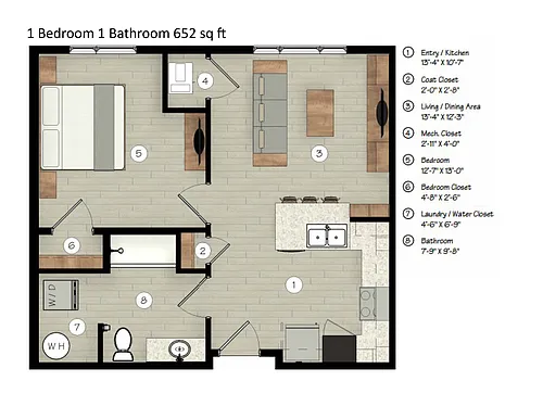 Floor plan 1 bed 1 bath 60 Percent AMI