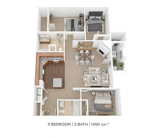 Floor plan Three Bedroom 2 Bath - 1450 sqft