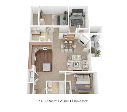 Floor plan Three Bedroom 2 Bath - 1450 sqft