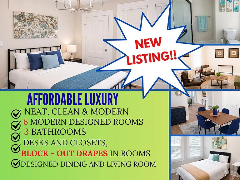 Promotional collage highlighting bedroom, bathroom, living and dining areas with large text overlays.