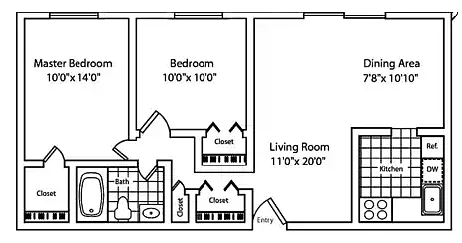Floor plan 2 Bedroom 1 Bathroom without Balcony