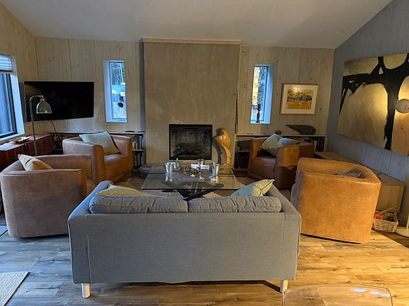 Living room with electric fireplace.