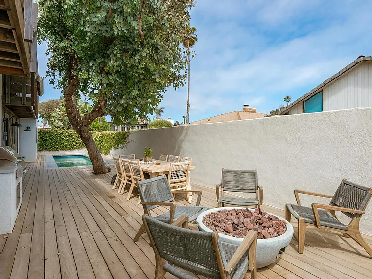 Outdoor side deck, firepit, BBQ, dining area, pool