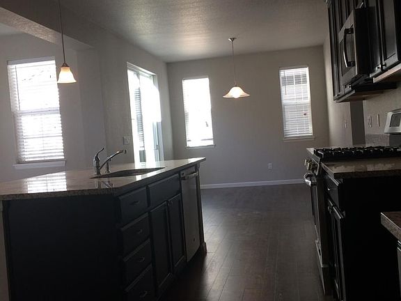 kitchen island and dining area
