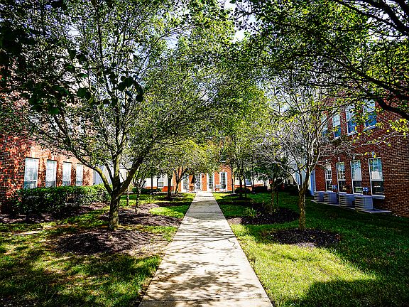 Framed by trees and thoughtfully placed architecture, this quiet courtyard path invites peaceful walks and sunset chats.